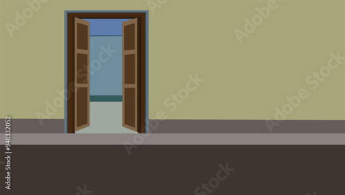 vector illustration of a empty village house room with wooden door and window.Empty bedroom indoor design