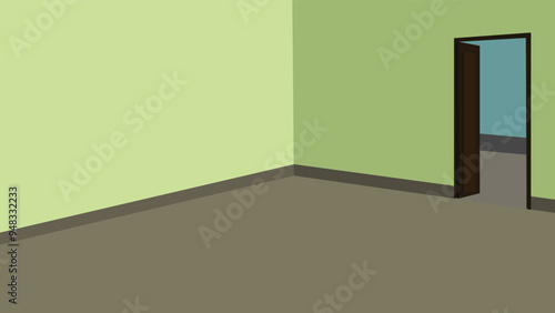Empty village house interior design with a wooden door.Vector illustration of a green room indoor background