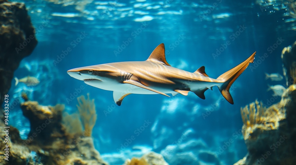 Fototapeta premium A dynamic shot of a shark swimming gracefully underwater, showcasing its streamlined body and powerful tail against a clear blue ocean backdrop.