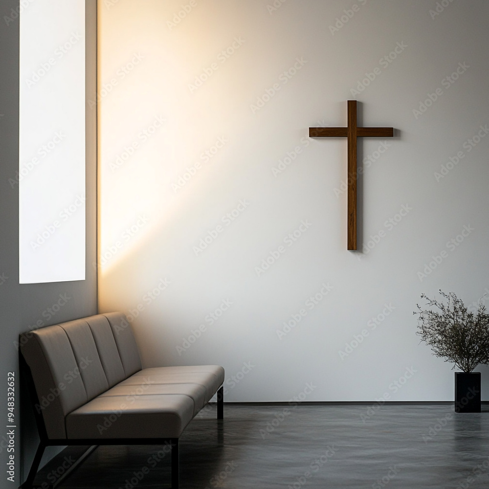 Naklejka premium Minimalistic interior with a cross on the wall, sunny shadows. For religious Christian publications