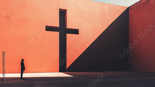 Minimalistic Christian background for church religious designs. Cross on abstract background and man photo