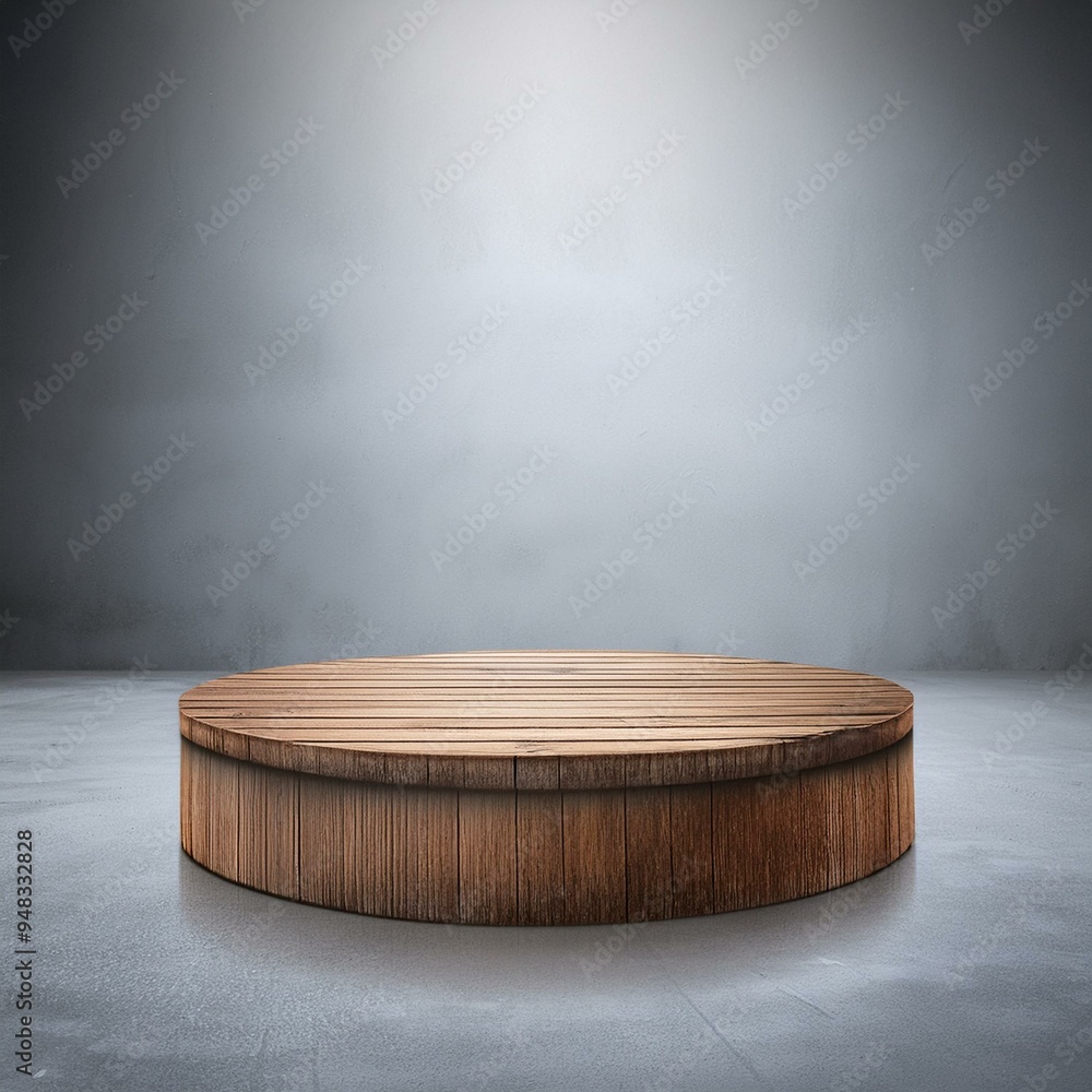 Weathered wooden podium on smooth grey concrete floor. Weathered wooden podium on smooth grey concrete floor.