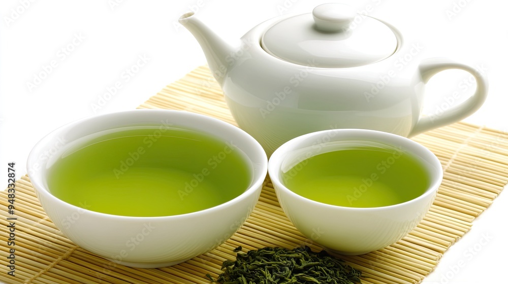 A serene setup featuring a white teapot and matching tea cups, filled with green loose-leaf tea, elegantly arranged on a bamboo mat with fresh leaves nearby for a peaceful atmosphere A serene setup featuring a white teapot and matching tea cups, filled with green loose-leaf tea, elegantly arranged on a bamboo mat with fresh leaves nearby for a peaceful atmosphere