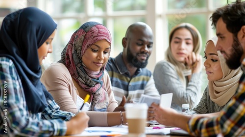 A diverse group of adult learners from various backgrounds collaborating on a project in a community education center