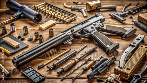 Assortment of firearm components, including triggers, magazines, scopes, and bolts, neatly organized on a wooden workbench, surrounded by tools and cleaning supplies.