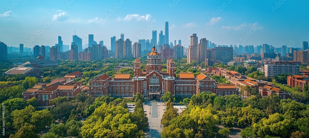 Fototapeta premium University building with cityscape background view. Generative AI technology. 