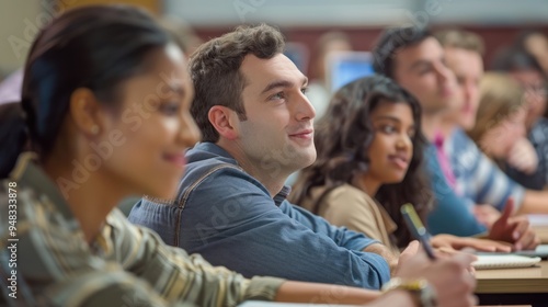 Adults studying for an MBA program, discussing case studies and working on group assignments in a classroom photo