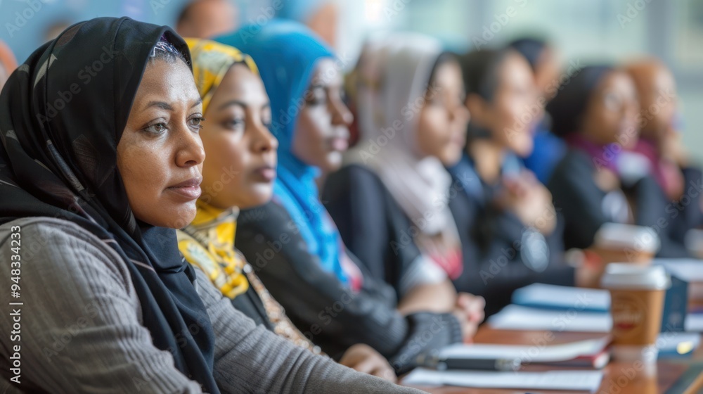 Obraz premium An adult education classroom with learners from various cultural backgrounds, all focused on the instructor