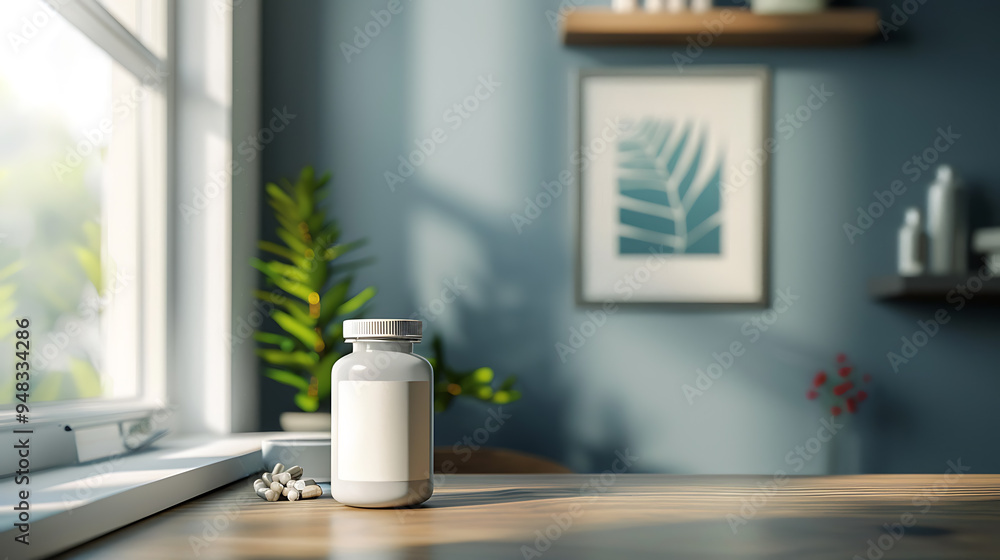 A white pill bottle sits on a wooden table in front of a window with natural light streaming in. A white pill bottle sits on a wooden table in front of a window with natural light streaming in.