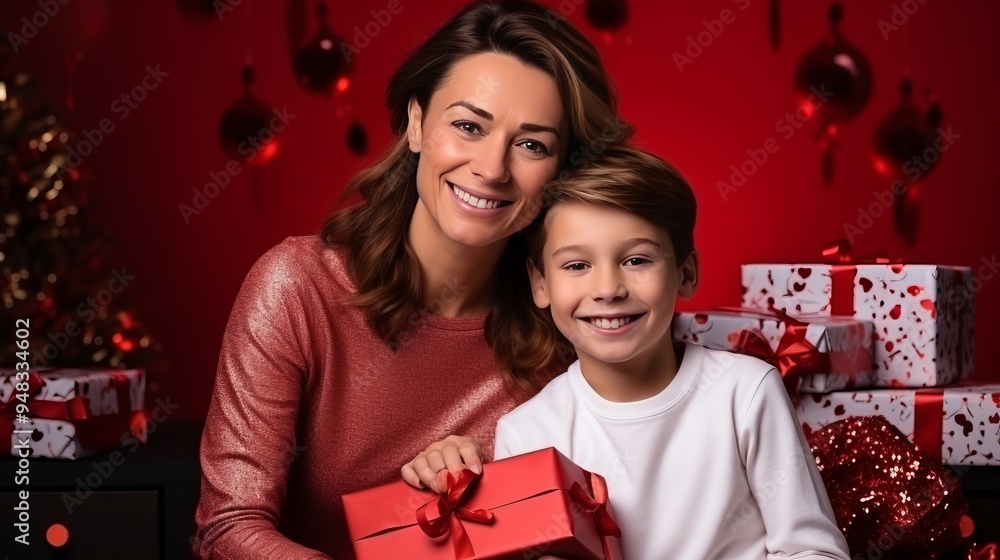 Festive Joy: A Happy Family's Heartwarming New Year Celebrations with their Little Son. Gift Exchang Festive Joy: A Happy Family's Heartwarming New Year Celebrations with their Little Son. Gift Exchang