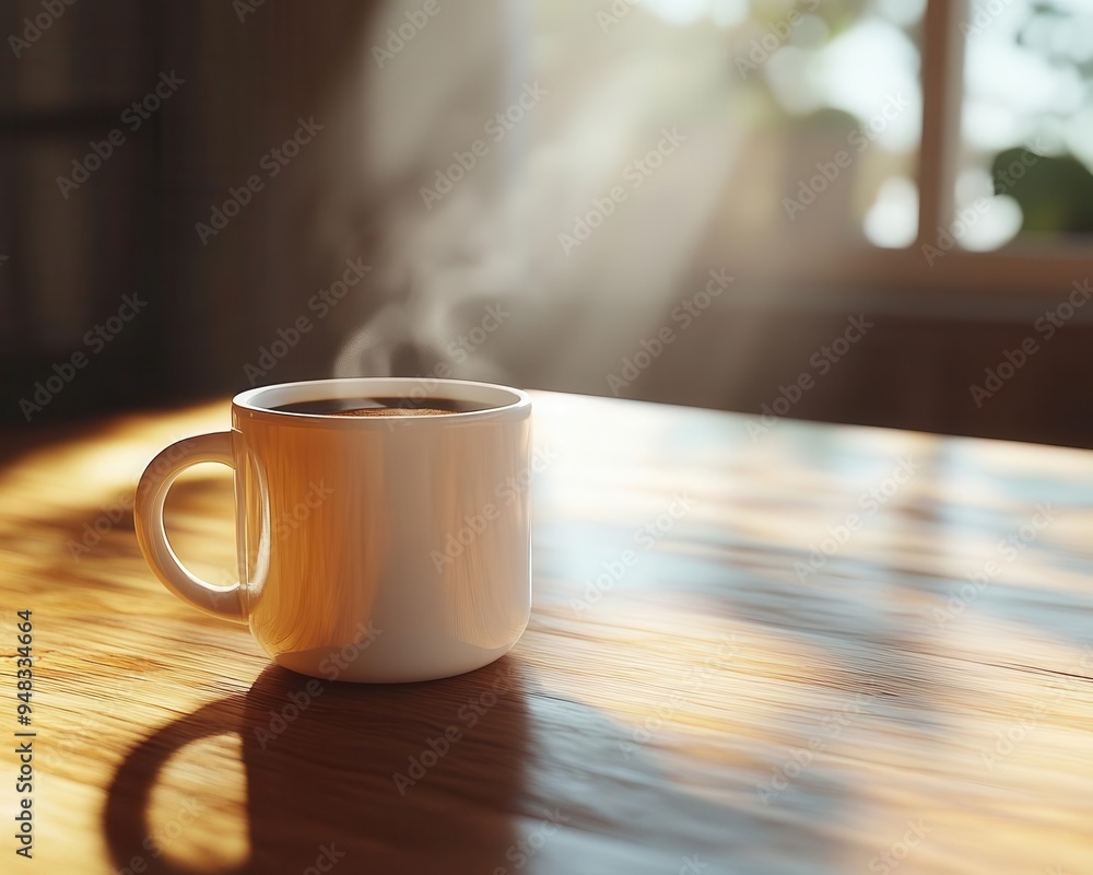 Coffee mug with hot coffee steaming on a wooden table Coffee mug with hot coffee steaming on a wooden table