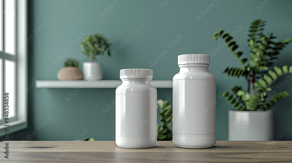 Two white supplement bottles on a wooden table with a blurred background of plants and a window. Two white supplement bottles on a wooden table with a blurred background of plants and a window.