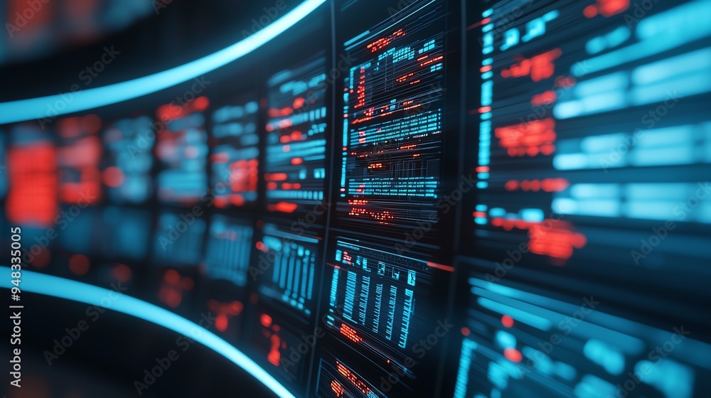 High-tech workspace, multiple screens and holographic interface, 3D illustration High-tech workspace, multiple screens and holographic interface, 3D illustration