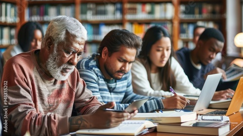 A diverse group of adult learners studying in a library, with textbooks and laptops on the table