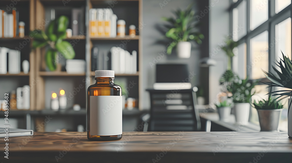 A glass bottle with a blank white label sits on a wooden table in a modern office setting. A glass bottle with a blank white label sits on a wooden table in a modern office setting.