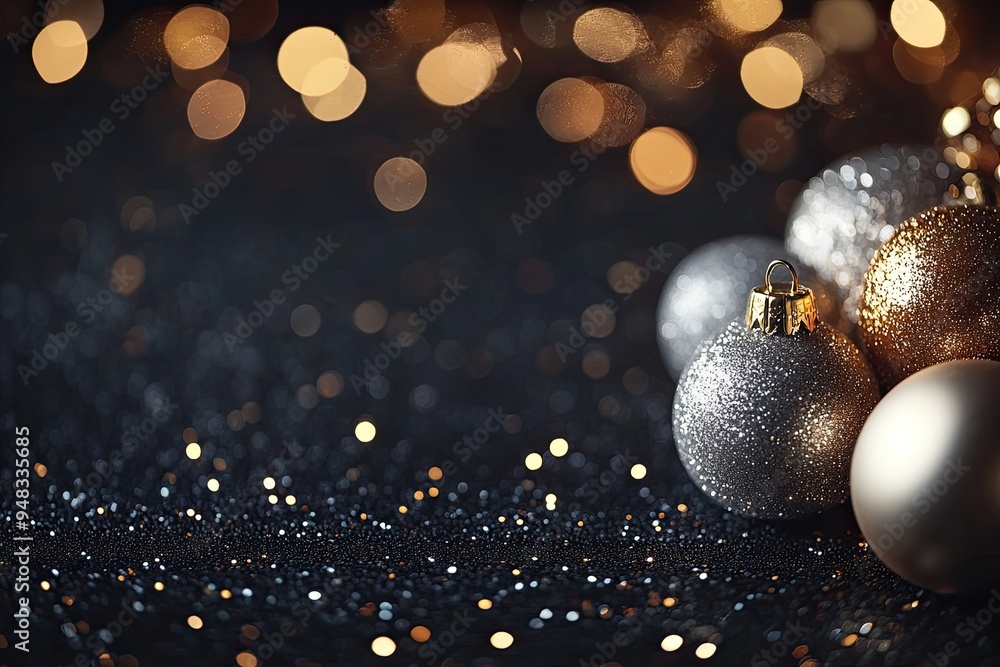Fototapeta premium Glittering Christmas background with gold and silver baubles on a dark background 