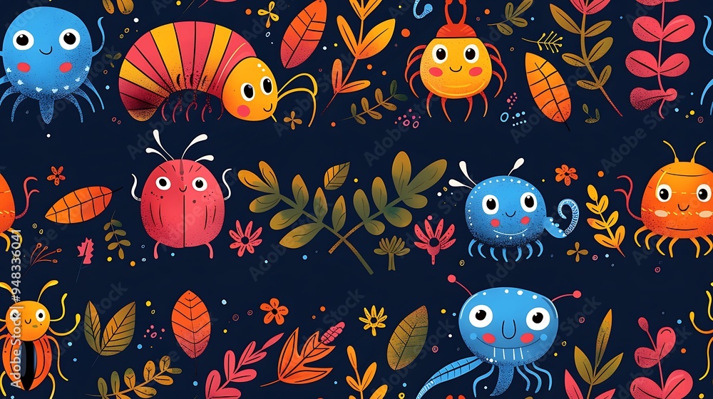 A seamless cartoon pattern featuring vibrant centipedes, beetles, and spiders with big, friendly eyes, crawling along with tiny leaves and twigs scattered around, on a dark indigo background. A seamless cartoon pattern featuring vibrant centipedes, beetles, and spiders with big, friendly eyes, crawling along with tiny leaves and twigs scattered around, on a dark indigo background.
