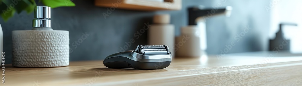 Electric shaver with charging dock on a bathroom shelf Electric shaver with charging dock on a bathroom shelf
