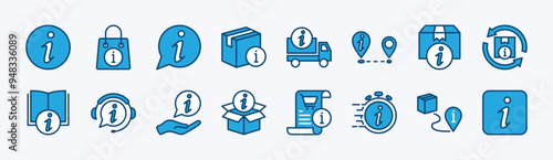 Set of info or information icon vector. Containing button, online shop, guidebook, customer service, delivery, package, tracking, shopping list, time, distance, return, communication, unboxing