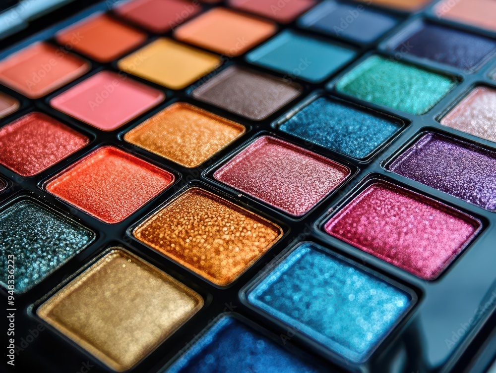 Eyeshadow palette with colors open, displaying a range of shades Eyeshadow palette with colors open, displaying a range of shades