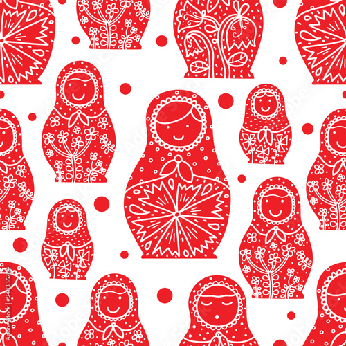 Russian red Matryoshka. Cute babushka. 4 seamless pattern. Can be used in textile industry, paper, background, scrapbooking.Vector