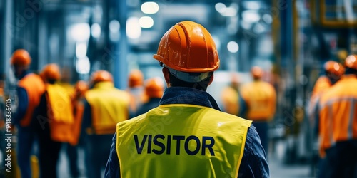A visitor in a safety vest and hard hat observes workers in a factory, highlighting the importance of strict safety practices in an industrial environment where worker safety is essential