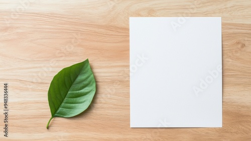 Blank letterhead, laid flat on a wooden desk with a single leaf, minimalist and natural, isolated