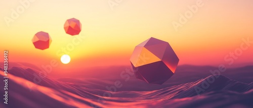 Floating geometric shapes in a sunset landscape glowing spheres above the horizon serene view