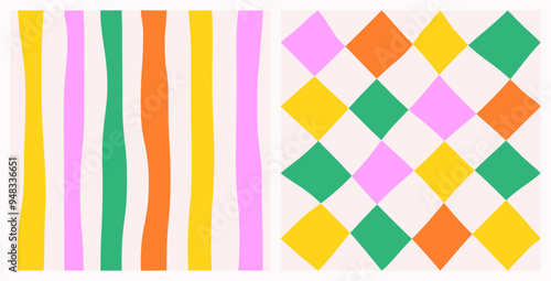 Set of seamless abstract geometric pattern of multicolored rhombuses in a row on a light background and stripes, harlequin motifs, hand drawn illustration