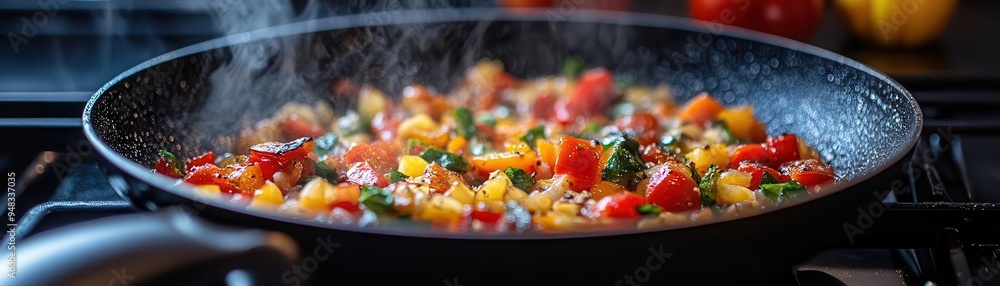 Frying pan with sauteed vegetables cooking on a stovetop Frying pan with sauteed vegetables cooking on a stovetop