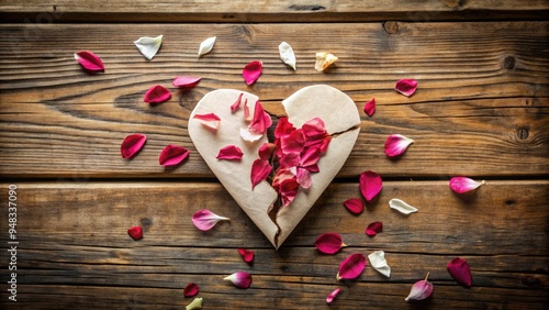 A torn paper heart with 'loves me' and 'loves me not' petals, symbolizing the uncertainty and game of love, lies on a worn, wooden table surface. photo