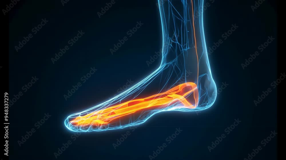 X-ray image of a human foot highlighting bones in glowing orange. 4k Video footage X-ray image of a human foot highlighting bones in glowing orange. 4k Video footage