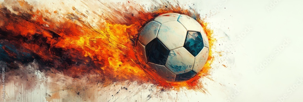 Fototapeta premium A soccer ball engulfed in flames, symbolizing passion, energy, and the power of sport. The vibrant colors and dynamic movement capture the excitement of the game.