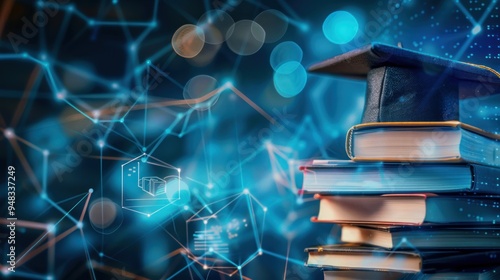 A conceptual image of adult education, with icons representing online learning, books, and graduation caps