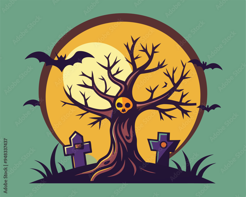 Halloween tree in graveyard t shirt and stocker design vector illustration Halloween tree in graveyard t shirt and stocker design vector illustration