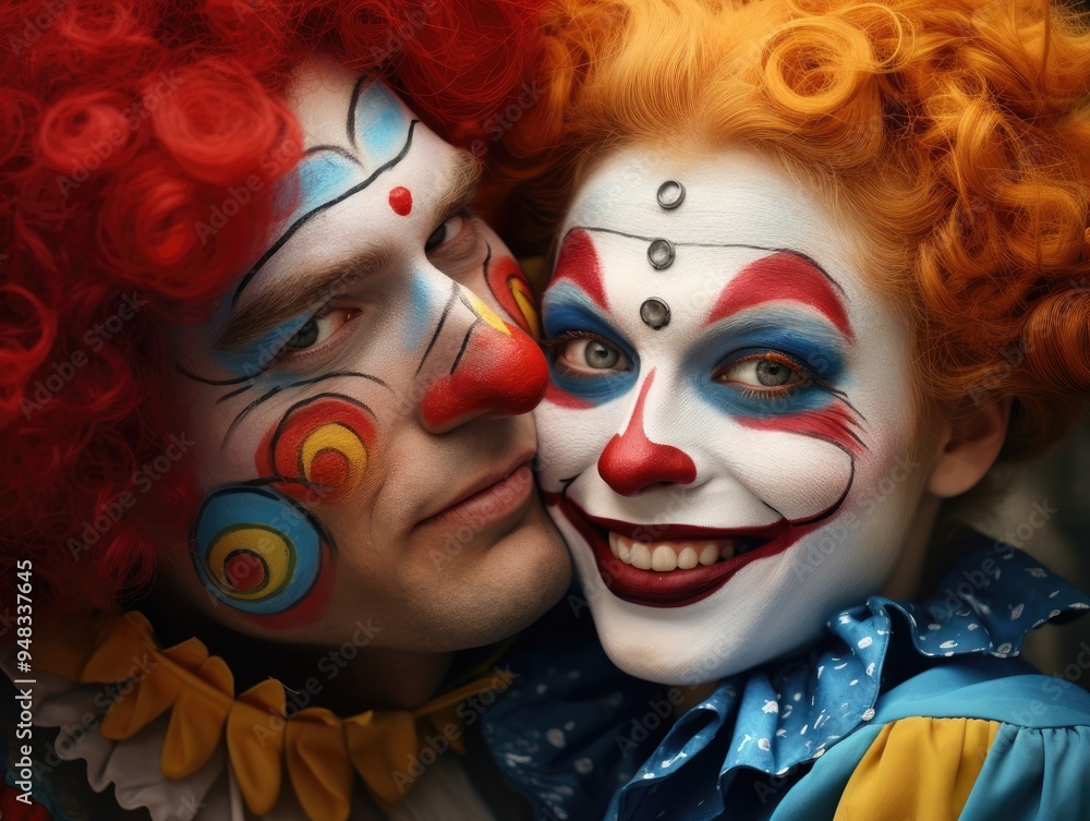 Obraz premium Portrait of hugging clowns man and woman