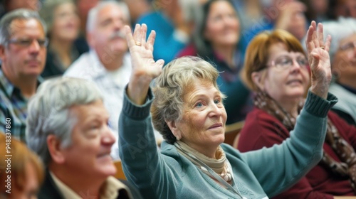 Adults participating in an adult education class, raising hands to ask questions during a lecture