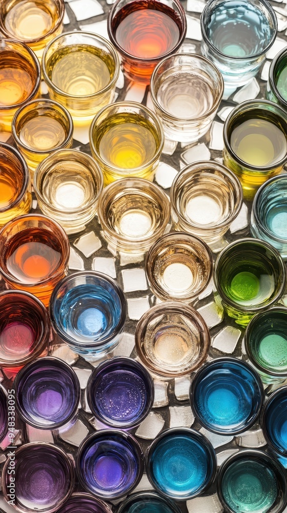 Various small shot glasses filled with colorful liquids are creatively arranged on a shiny surface during a lively social event