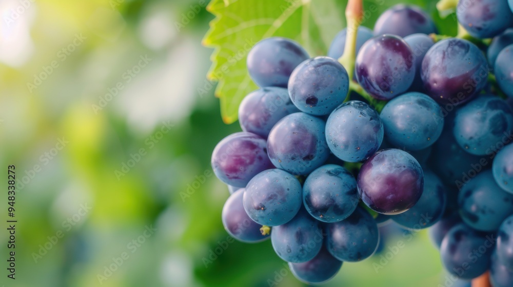 A vibrant cluster of ripe purple grapes hanging on the vine, surrounded by lush green leaves in natural sunlight.