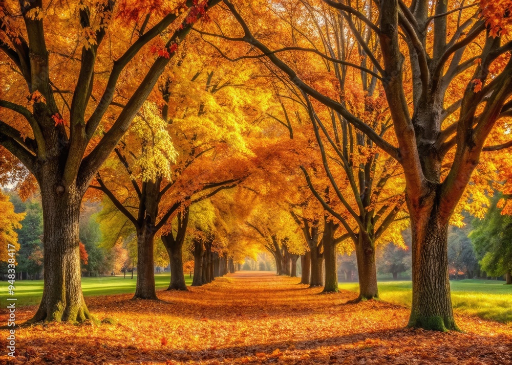 Autumn's Embrace: Park trees with golden leaves, warm and inviting, realistic, cozy, embracing, brown, gold, green Autumn's Embrace: Park trees with golden leaves, warm and inviting, realistic, cozy, embracing, brown, gold, green