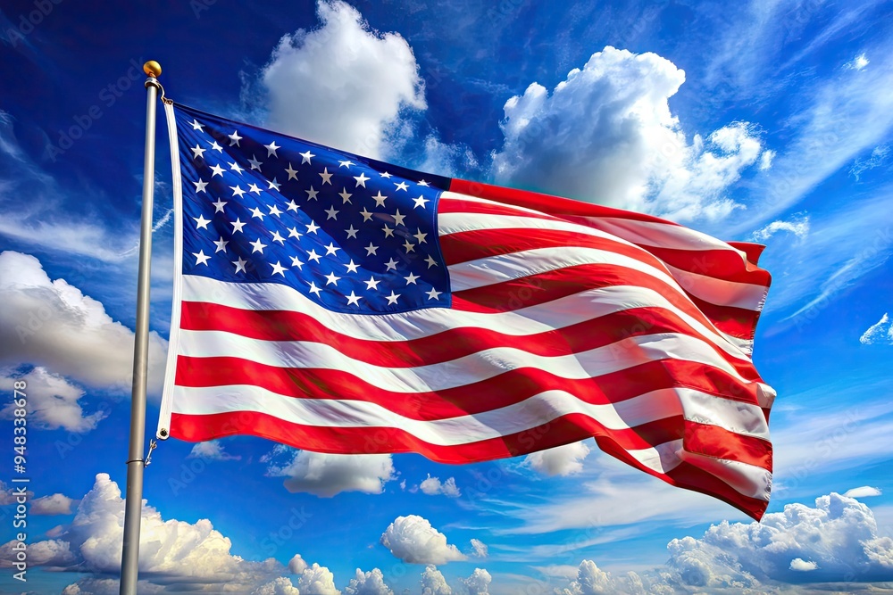 A vibrant American flag waves proudly in the wind against a brilliant blue sky, symbolizing freedom, patriotism, and national pride in the United States of America. A vibrant American flag waves proudly in the wind against a brilliant blue sky, symbolizing freedom, patriotism, and national pride in the United States of America.
