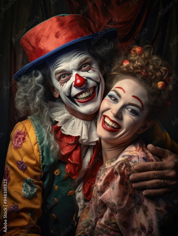 Portrait of hugging clowns man and woman Portrait of hugging clowns man and woman