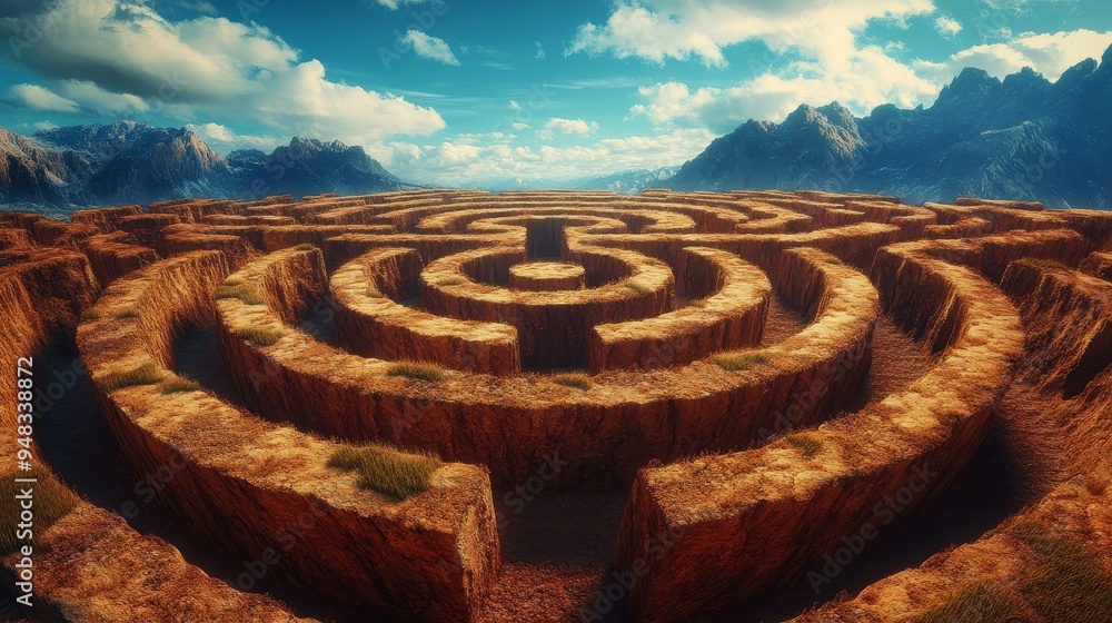 A maze is shown in the distance with mountains in the background A maze is shown in the distance with mountains in the background