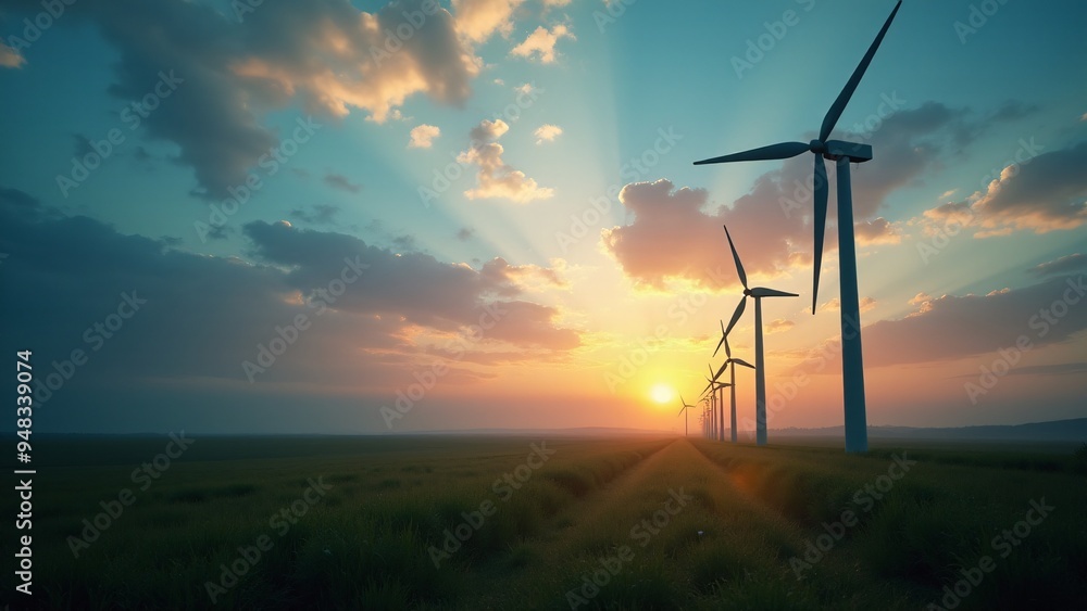Obraz premium Wind turbines in a field at sunset, with the sun casting golden rays through clouds