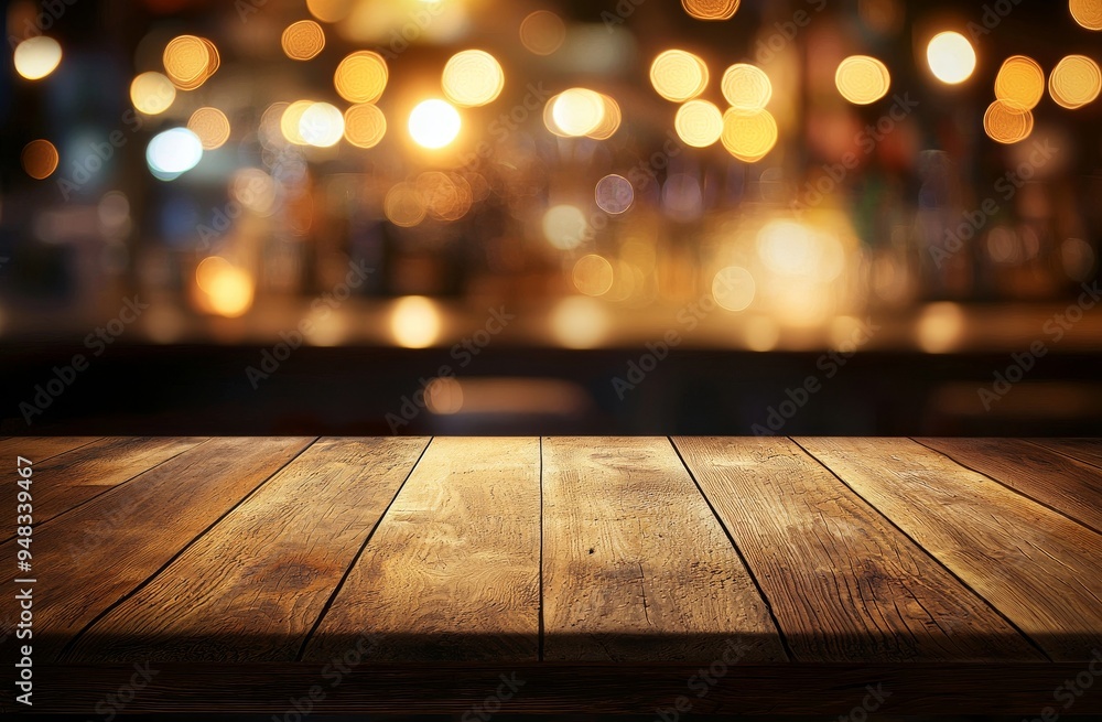 Abstract blurred background of lights in a restaurant with a wooden table in front Abstract blurred background of lights in a restaurant with a wooden table in front