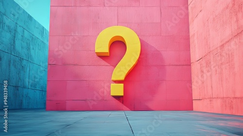 A yellow question mark is on a pink wall