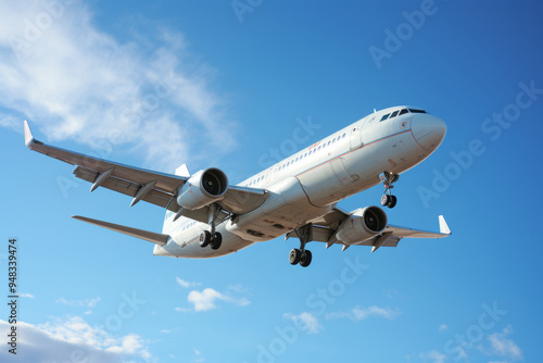 Close-up of passenger airliner flying in blue sky, concept of air travel and aviation industry