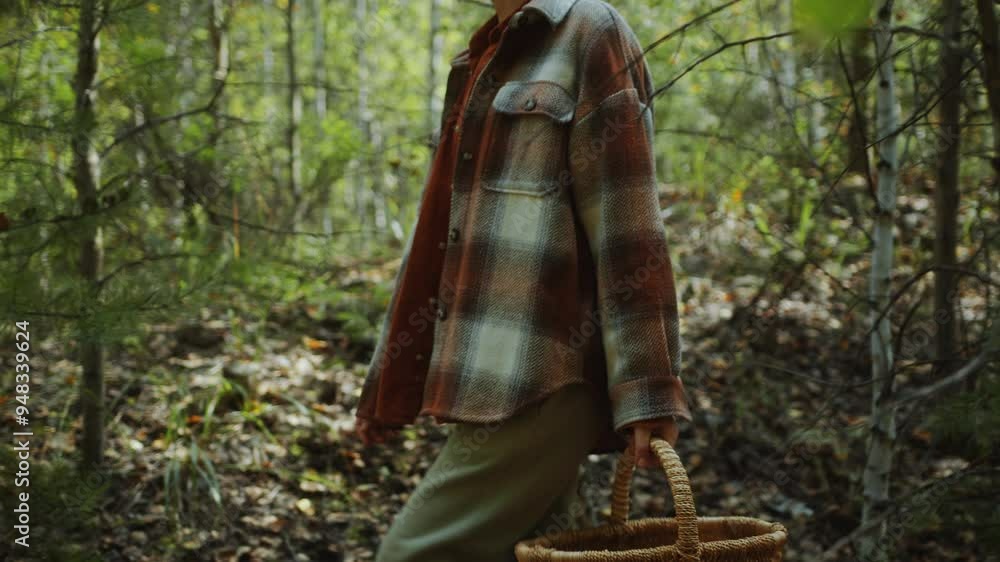Young happy woman wearing plaid jacket and sturdy boots holding woven basket full of mushrooms and enjoying a walk in the forest on autumn day. Tilt-down shot Young happy woman wearing plaid jacket and sturdy boots holding woven basket full of mushrooms and enjoying a walk in the forest on autumn day. Tilt-down shot