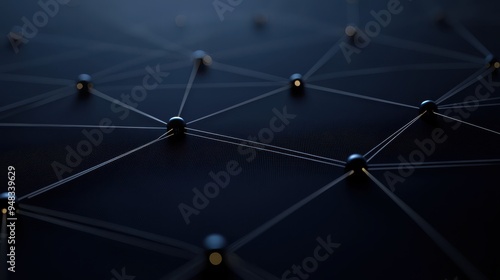 Abstract digital representation of a network or web of connections with glowing nodes and lines on a dark background. 