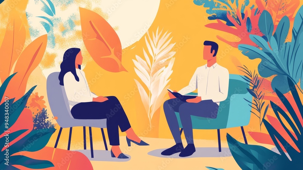 A therapist and client are seated in chairs facing each other in a serene setting with a yellow background and lush green foliage. This illustration symbolizes therapy, mental health, support, conver A therapist and client are seated in chairs facing each other in a serene setting with a yellow background and lush green foliage. This illustration symbolizes therapy, mental health, support, conver